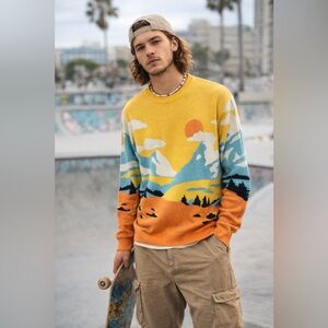 Mighty Fine Scenic Landscape Crewneck Sweater - Yellow and Orange Men's Small